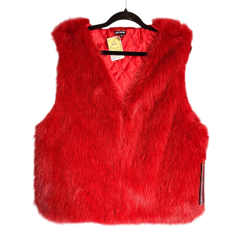 Free Haven Faux Fur Vest Women XL Red New Quilted Lining Glam Statement Layering